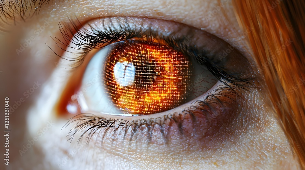 Poster close up view of a human iris with digital scanning lines and data mapping for advanced biometric se
