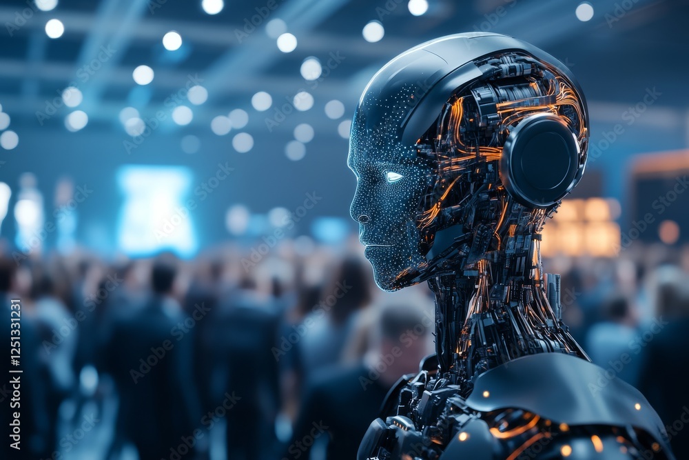 Poster robot interacts with crowd at technology conference showcasing advancements in artificial intelligen