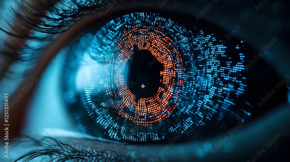 Poster detailed close up view of a human iris being scanned by futuristic digital technology with abstract 