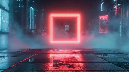 Neon Frame with Square Red and Cyan Lights, High-Tech Skyscraper Rooftop, and Misty Skyline. Copy space. Generative AI