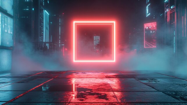 Neon Frame with Square Red and Cyan Lights, High-Tech Skyscraper Rooftop, and Misty Skyline. Copy space. Generative AI