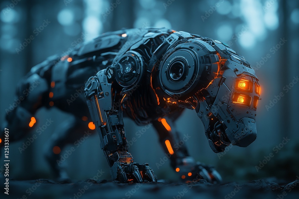 Poster robotic creature explores a misty forest with glowing features during twilight hours