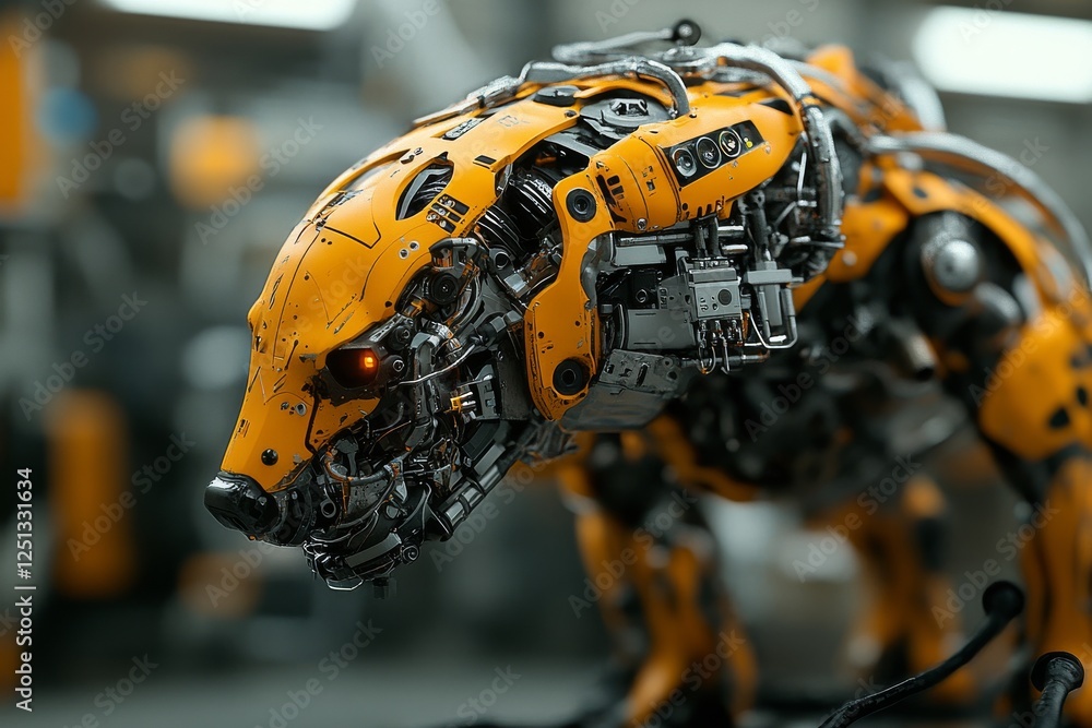 Poster robotic creature in a futuristic workshop showcases advanced technology and design during a bright a
