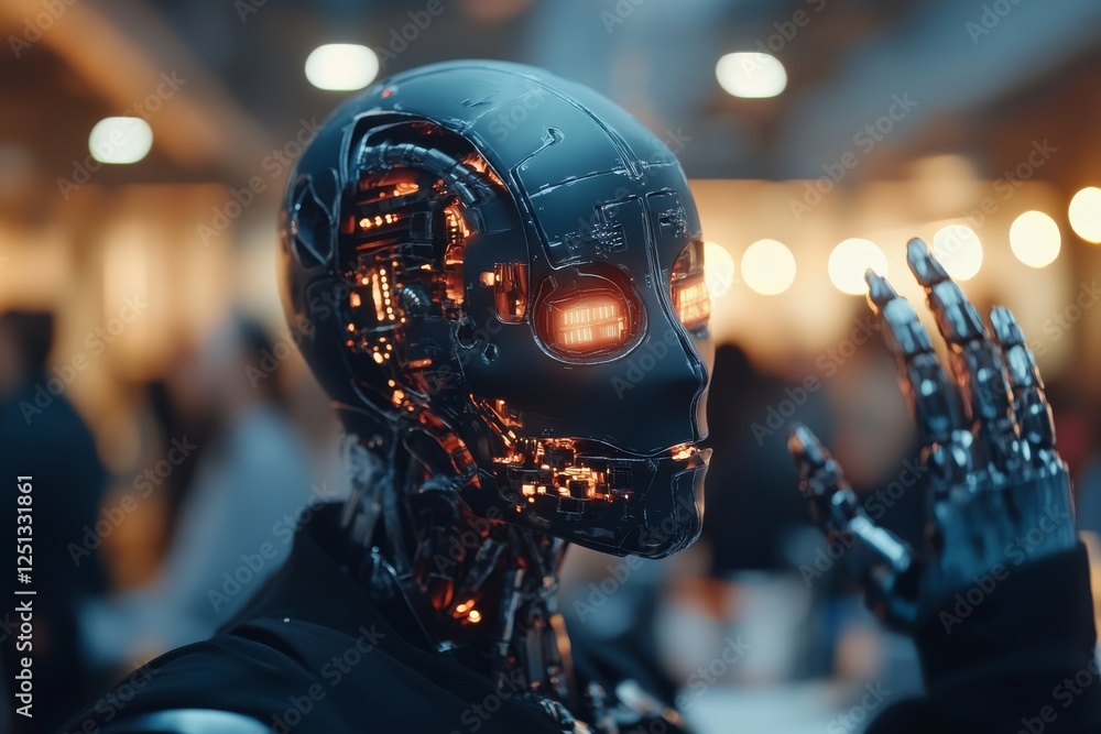 Aufkleber futuristic humanoid robot with glowing features and intricate design at a technology expo in a moder