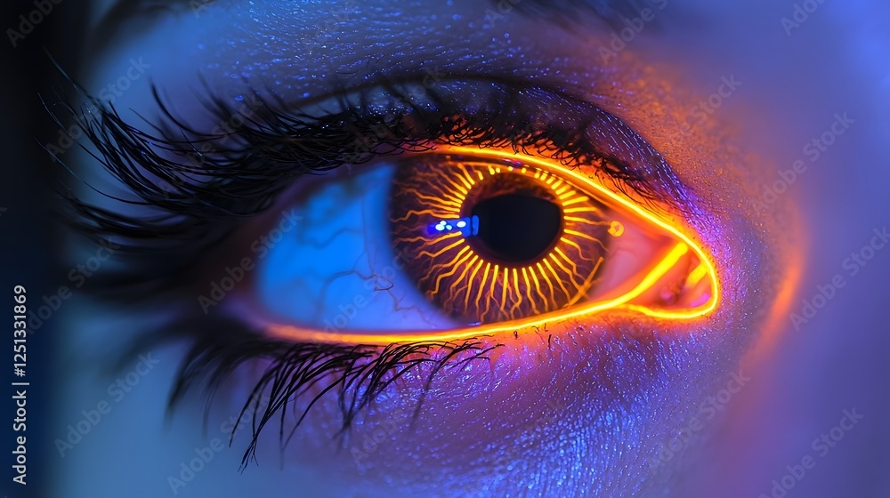 Poster dramatic close up of a glowing vibrant iris with futuristic security recognition patterns representi