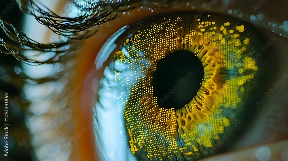 Poster close up view of an iris being scanned with abstract digital patterns and geometric shapes overlaid 