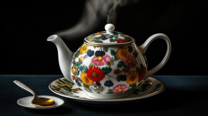classic floral teapot with steam rising, served with honey