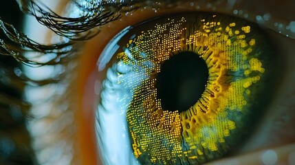 Close up view of an iris being scanned with abstract digital patterns and geometric shapes overlaid representing the technology of biometric identification and security systems
