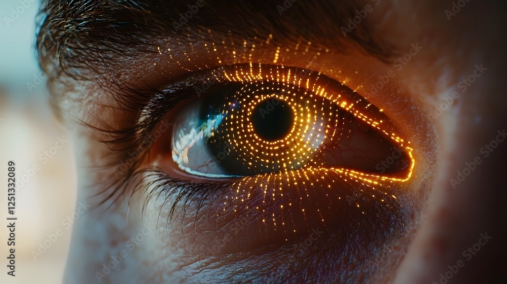 Poster macro close up shot of a human eye with glowing lines representing iris recognition technology used 