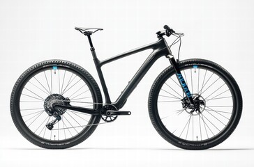 A black mountain bike with blue and white accents