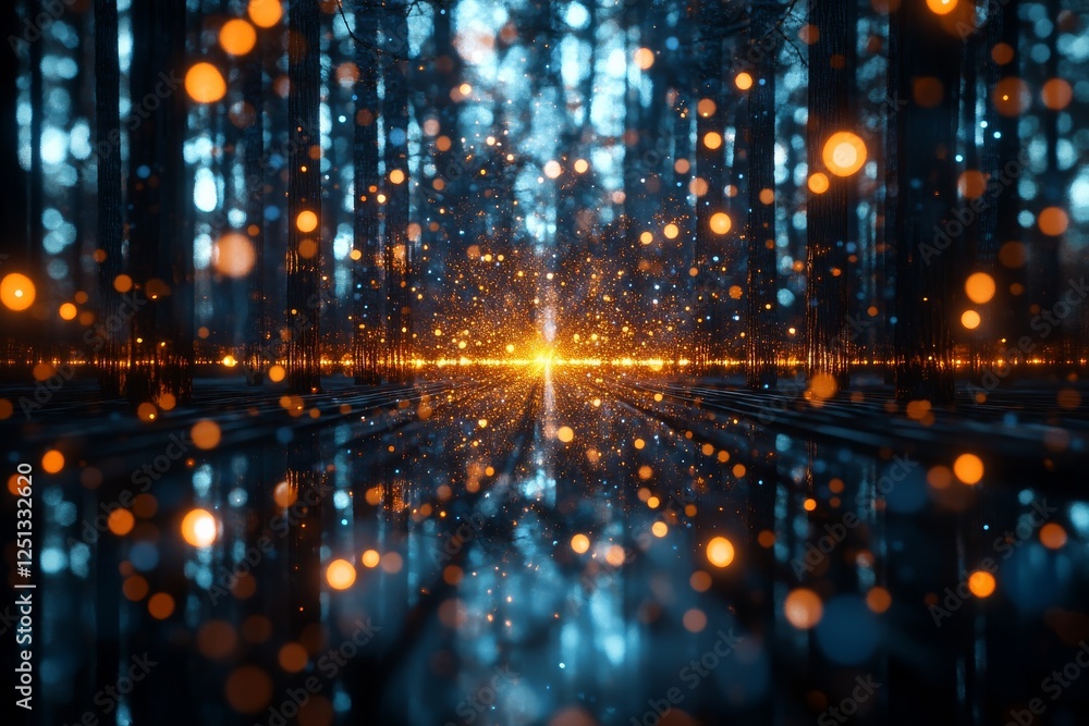 Poster sparkling lights illuminate a mystical forest at twilight creating a dreamlike atmosphere with refle