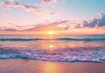 The ocean is calm and the sky is a beautiful pink color