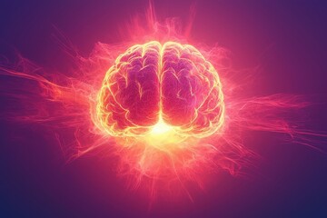 A vibrant, glowing representation of a brain surrounded by energetic bursts, symbolizing creativity, intelligence, and mental power.