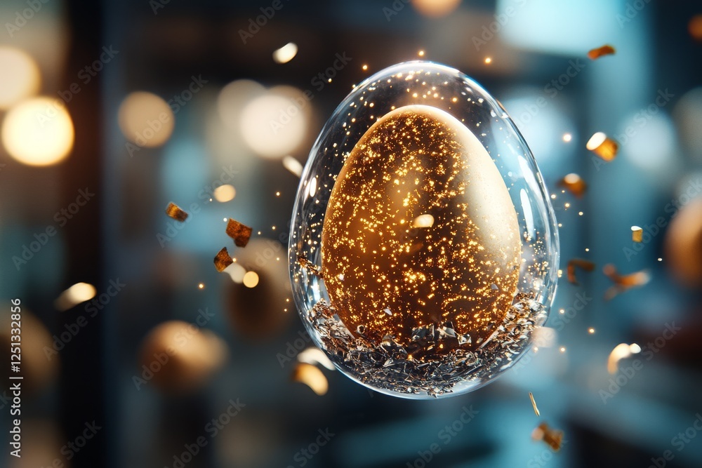 Poster golden egg surrounded by shimmering particles creates a captivating visual display