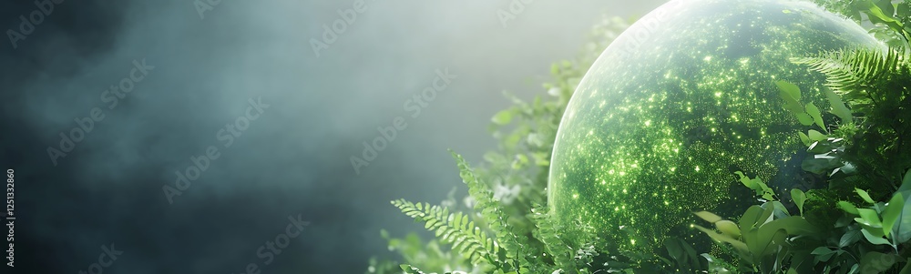 Poster a futuristic green planet showcasing interconnected renewable elements, ideal for environmental and 