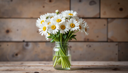 Obraz premium Daisies in glass jar on rustic wooden shelf, vintage charm