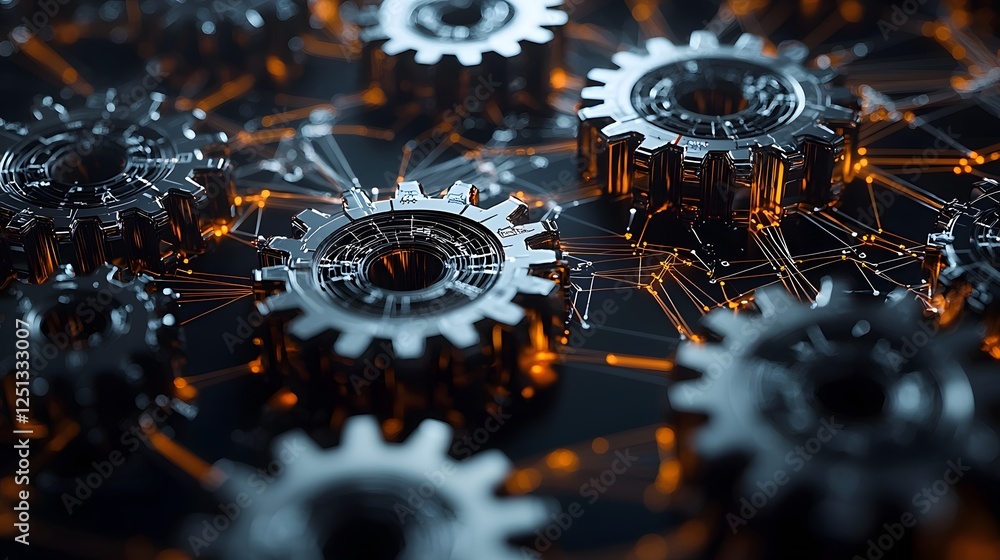 Poster abstract representation of an intricate interconnected system of gears cogs and metallic components 