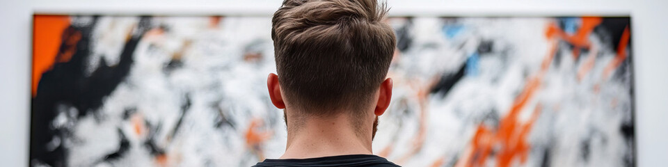 Obraz premium Man Viewing Abstract Painting with Orange, Black, and White