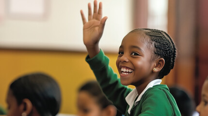 A young girl is smiling and raising her hand in the air