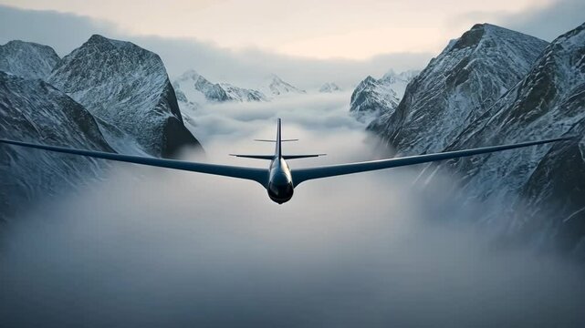 Soaring misty mountain peaks in glider
