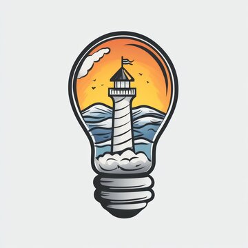 Lighthouse In A Lightbulb Ocean Sunset Scene