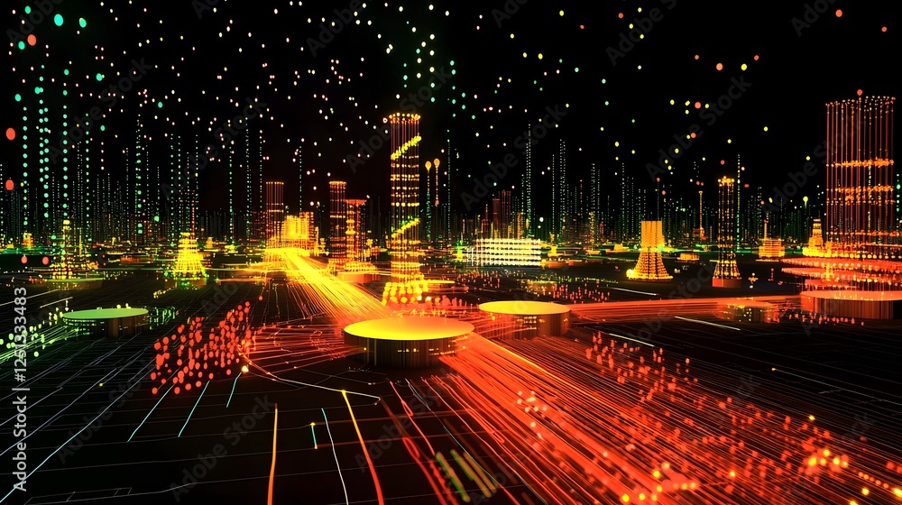 Poster a futuristic concept visualization depicting a complex digital network system with flowing data stre
