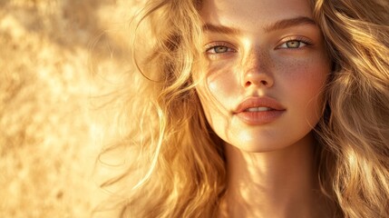 Fototapeta premium Serene Woman with Golden Skin and Tranquil Eyes Captured in Soft Light