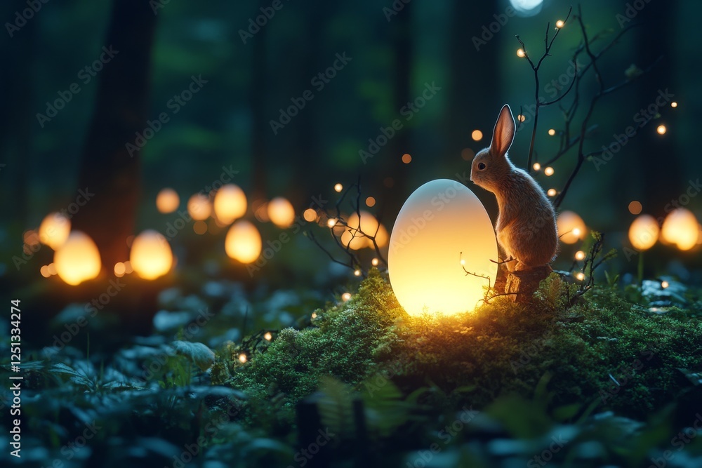 Poster magical forest with glowing eggs and a curious rabbit during twilight hours