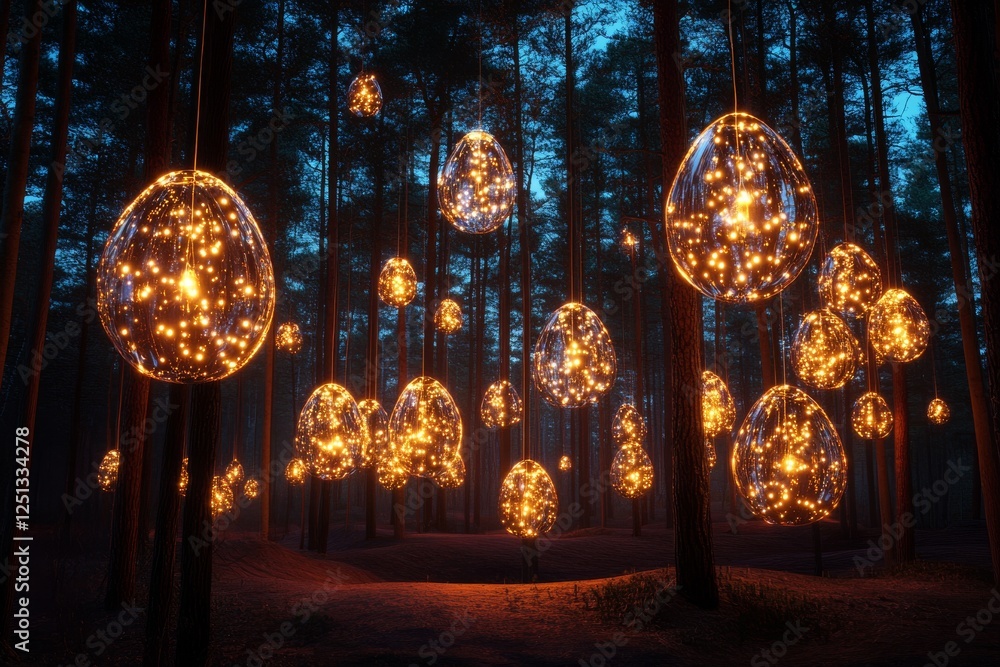 Poster forest illuminated with sparkling orbs during twilight