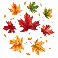 Fototapeta premium Colorful Fall Leaf Arrangement on White Background Featuring Red, Orange, Yellow, and Green Leaves in Various Shapes and Sizes Capturing Autumn Aesthetic
