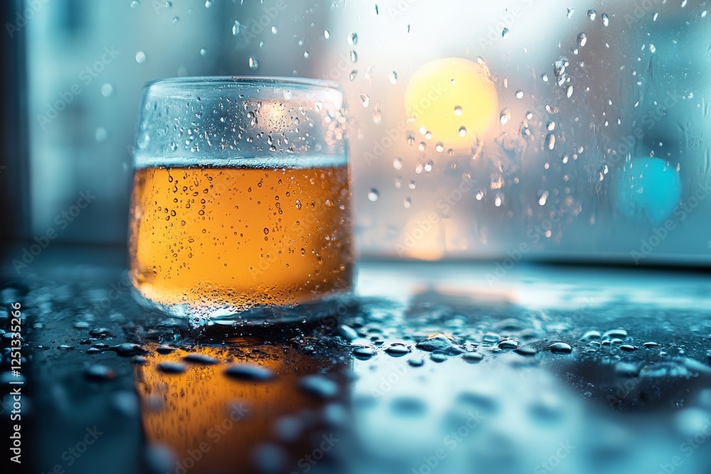 Poster refreshing drink sits on a wet surface while raindrops cascade down a window in a cozy setting durin