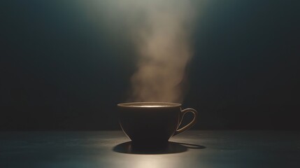 Steaming Hot Coffee Cup in Dark Moody Lighting