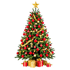 A festive Christmas tree with red and gold ornaments, a gold star, and gold and red gift boxes is adorned with eight gold and red gift bags, set against a white background