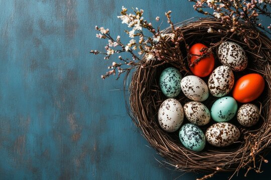 Colorful easter eggs nestled in a rustic nest surrounded by spring flowers on a blue wooden surface