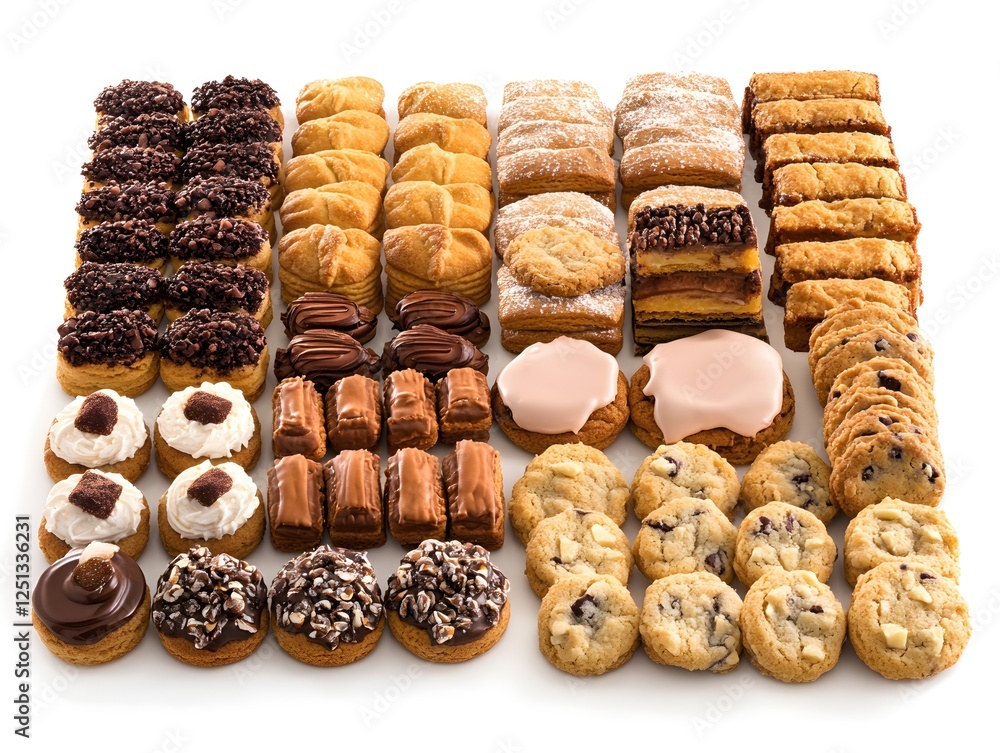 Poster tempting array of gourmet cookies and pastries on white background in studio lighting