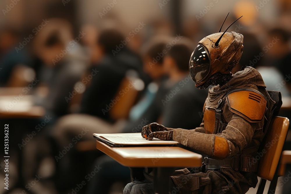 Poster Robot student taking notes in a classroom filled with other learners during a busy exam day