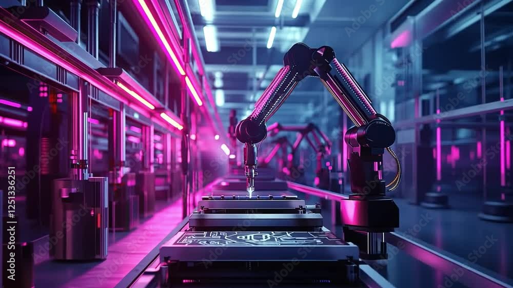 Poster futuristic robotic arm showcases advanced automation in high tech factory with neon lights and machi
