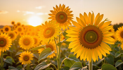Obraz premium Vibrant sunflowers blooming at golden hour, nature's beauty
