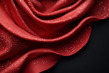 Naklejka premium Shimmering red fabric with sparkles draped elegantly against a dark backdrop