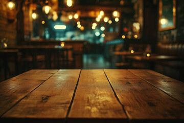 Empty wooden table top with a blurred background of a bar or restaurant interior at night. Exuberant background, blurred lights, and bokeh.