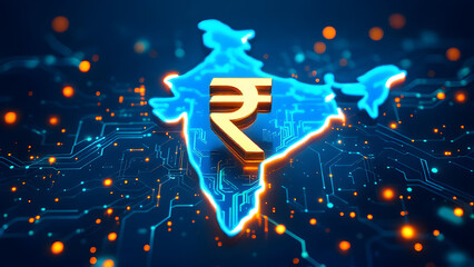 Fototapeta premium Gold indian Rupees rupees symbol on digital glowing map of India, concept Indian economy growth, rupees strength, currency and budget, taxp