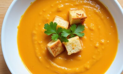Vibrant orange soup with croutons and herbs