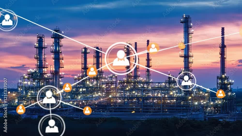 Poster Industrial sunset over factory complex showcasing technology and communication networks, highlighting connection between oil refinery infrastructure and illuminated structures.