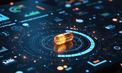 Futuristic golden capsule on digital interface