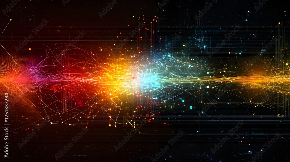 Poster mesmerizing digital representation of a complex interconnected system with vibrant color bursts flow