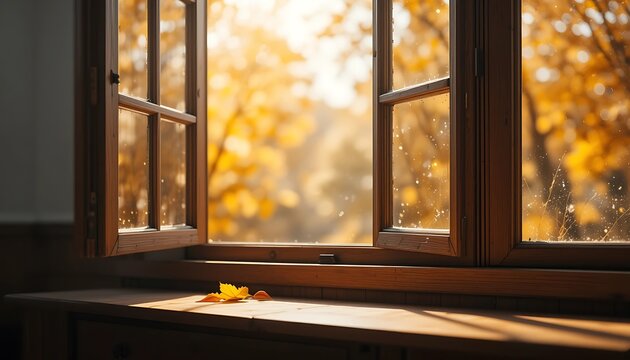 Autumn Window View Golden Leaves Sunlight
