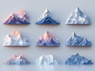 A set of nine mountain sculptures, showcasing various textures and colors, arranged in a grid pattern, highlighting their artistic and natural beauty.