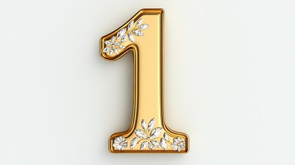Gold number one featuring diamond embellishments against a light beige backdrop. The number is three dimensional and reflective. The diamonds sparkle, contributing to a luxurious effect.