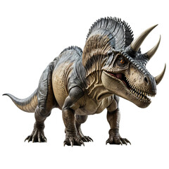 Fototapeta premium A 3D life-sized T-Rex dinosaur stands on all fours, with a gray body, black horns, and sharp teeth, facing left and appearing to roar, against a white background