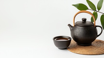 Black teapot and teacup on woven mat with green leaves, minimalist composition against white background. Tranquil and serene scene.